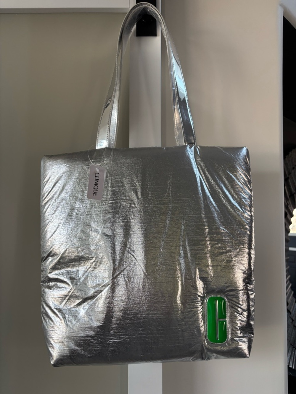 Clinique Silver Metallic Tote with Green Logo Accent